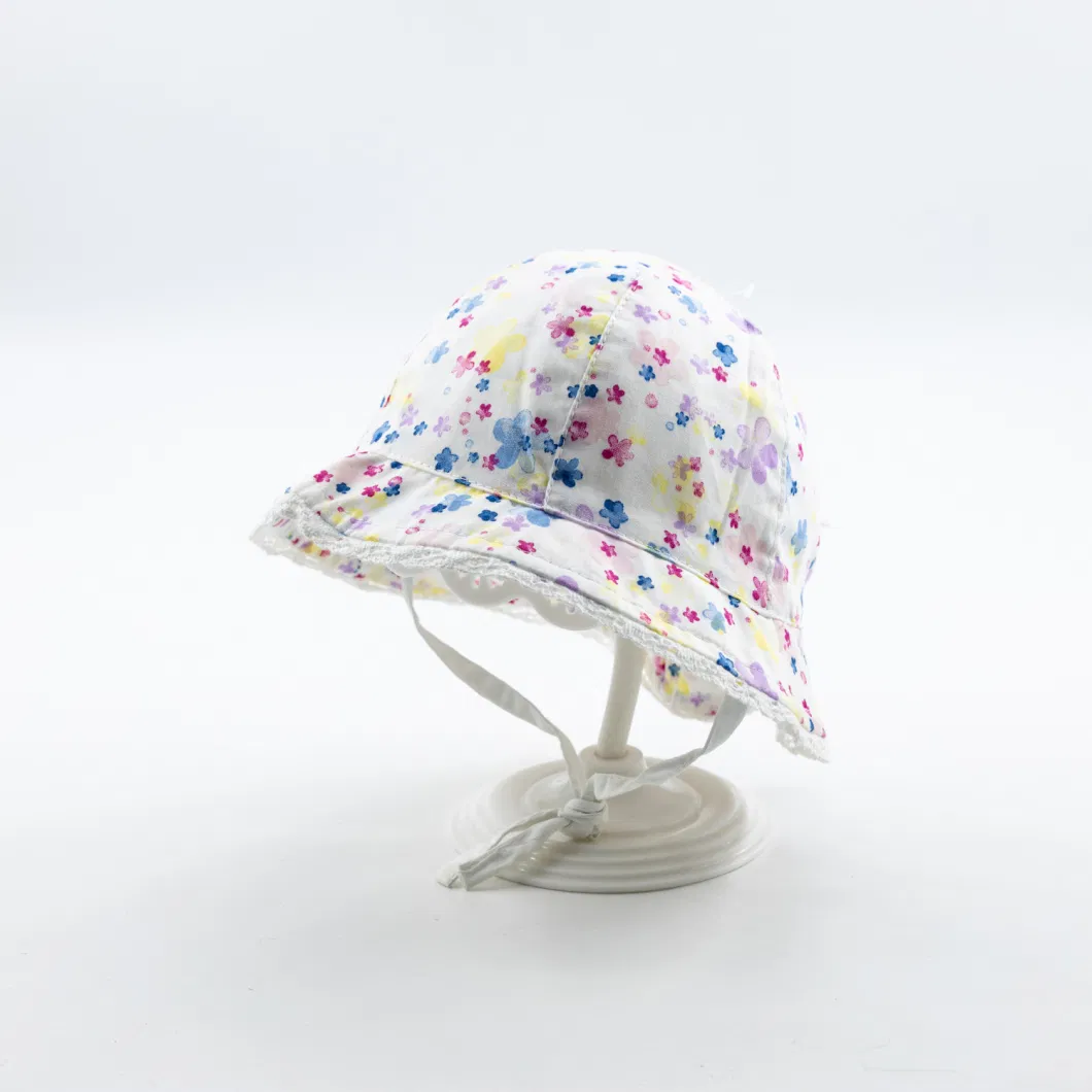 Simple Child Woven Hat Flower Print Buket Hat Cotton Baby Hat