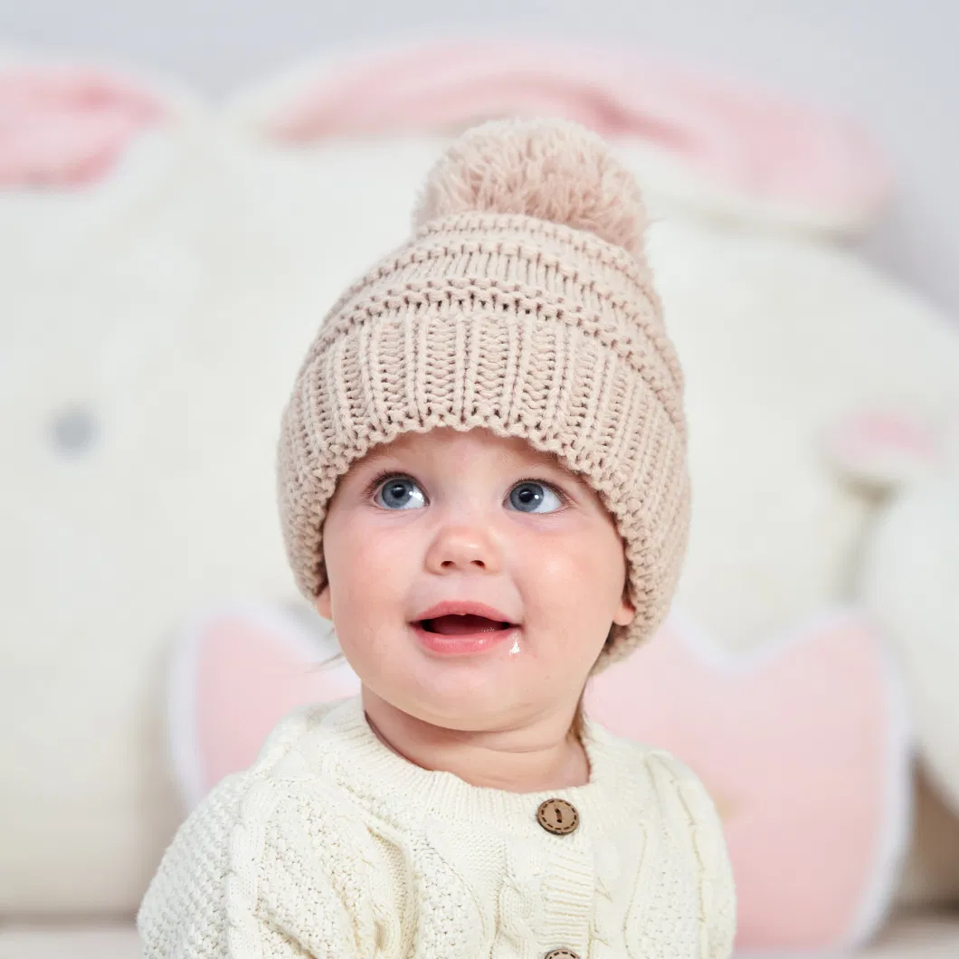 Customized High Quality New Born Baby Children POM POM Baby Ear for Girls Wool Winter Hats Knit Beanie